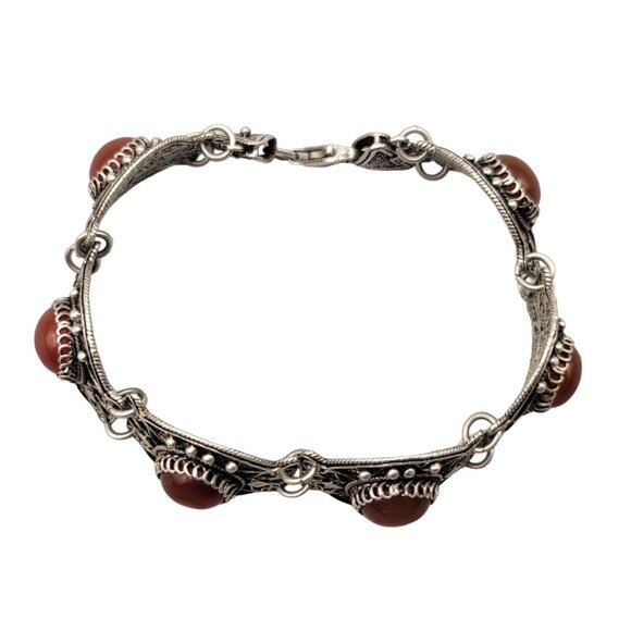 Carnelian Cabochon Sterling Silver Panel Bracelet 925 Lobster Clasp Boho 36 Gram - Picture 3 of 11